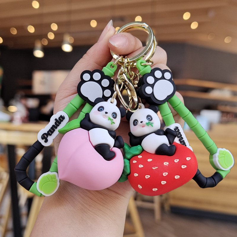 Cute panda doll soft rubber key chains Cartoon 3d pvc Panda fruit keychains Bag Pendant Car Key ring Animal Keychain panda charm