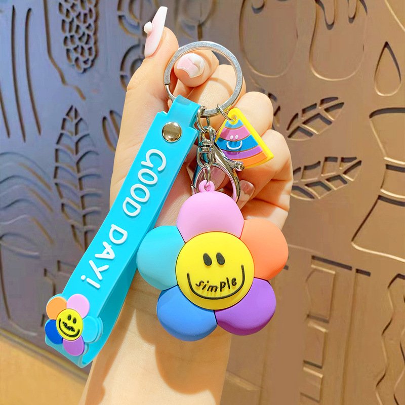 Wholesale PVC 3D Creative Cartoon Smiley Flowers Keychains Colorful Sunflower Cute Anime Rubber Key Chains Car Key Ring Pendant