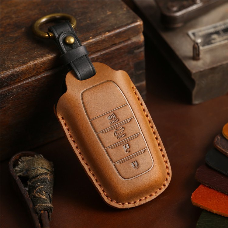 Hand Sewing Leather Car Key Case Cover for Toyota Camry RAV4 Avalon C-HR Prius Corolla Car Key Shell with Keychain