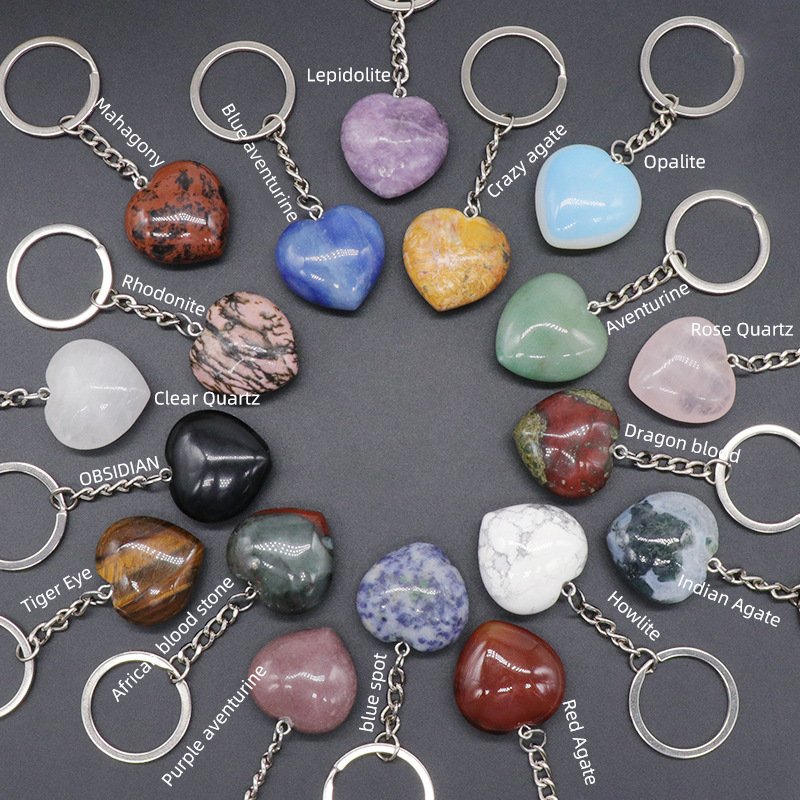 QIURAN Natural crystal agate stone 30mm love keychain Key chain Metal heart pendant DIY gift box accessories