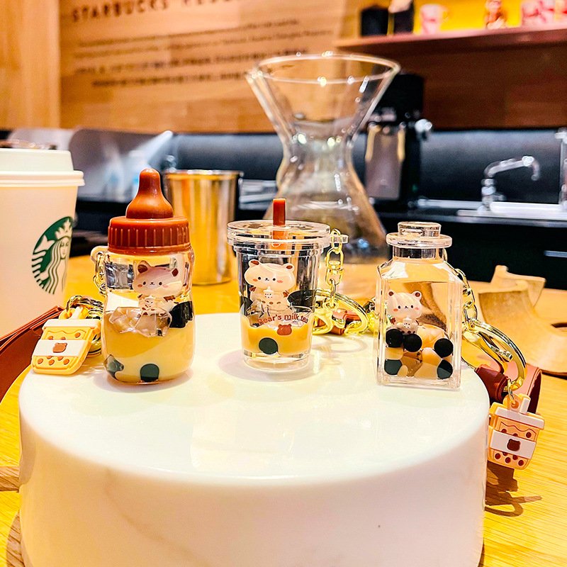 New cute acrylic keyring key chain ring oil floating little bear bubble boba quicksand milk tea cup liquid keychain
