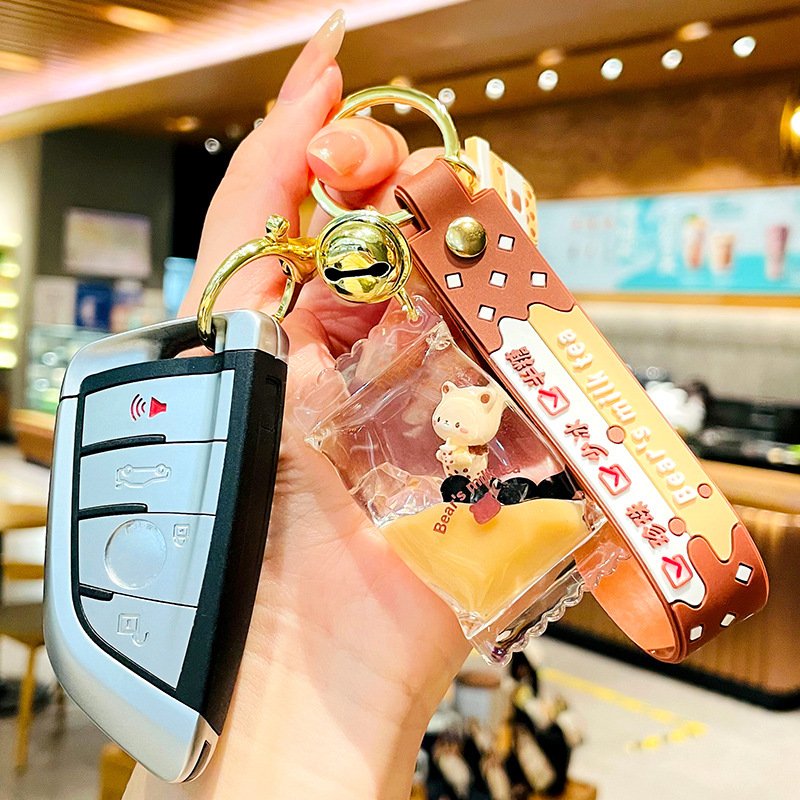 New cute acrylic keyring key chain ring oil floating little bear bubble boba quicksand milk tea cup liquid keychain