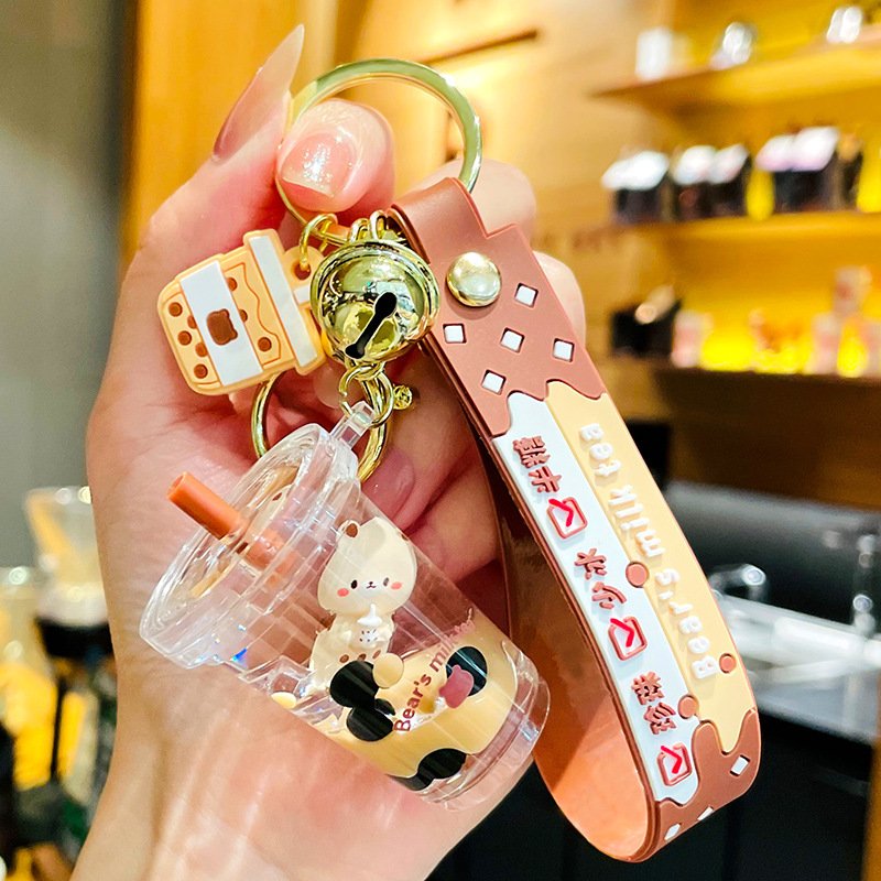 New cute acrylic keyring key chain ring oil floating little bear bubble boba quicksand milk tea cup liquid keychain