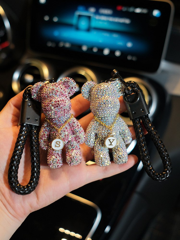 Luxury DIY Bling diamond bear keychain Leather Bling Glitter Car Key Chain Accessories rhinestone bear keychains