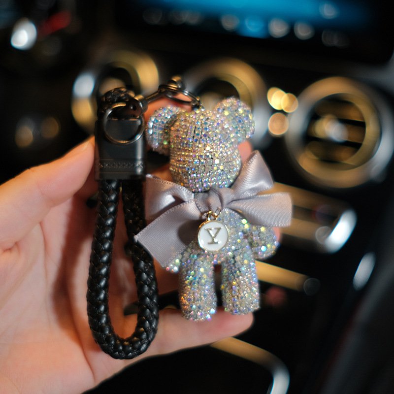Luxury DIY Bling diamond bear keychain Leather Bling Glitter Car Key Chain Accessories rhinestone bear keychains