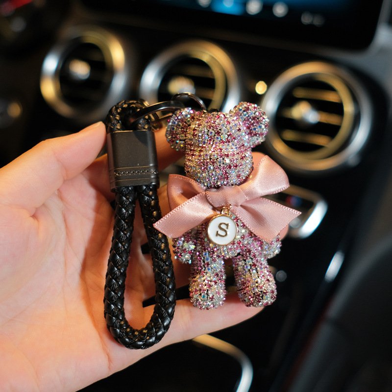 Luxury DIY Bling diamond bear keychain Leather Bling Glitter Car Key Chain Accessories rhinestone bear keychains