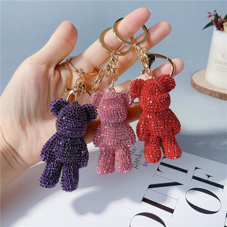 Xun Xin 3D Kawaii Cute Character Car Keyring Key chain Cartoon Car Accessories Luxury Rhinestones Diamond Plating Bear Keychain
