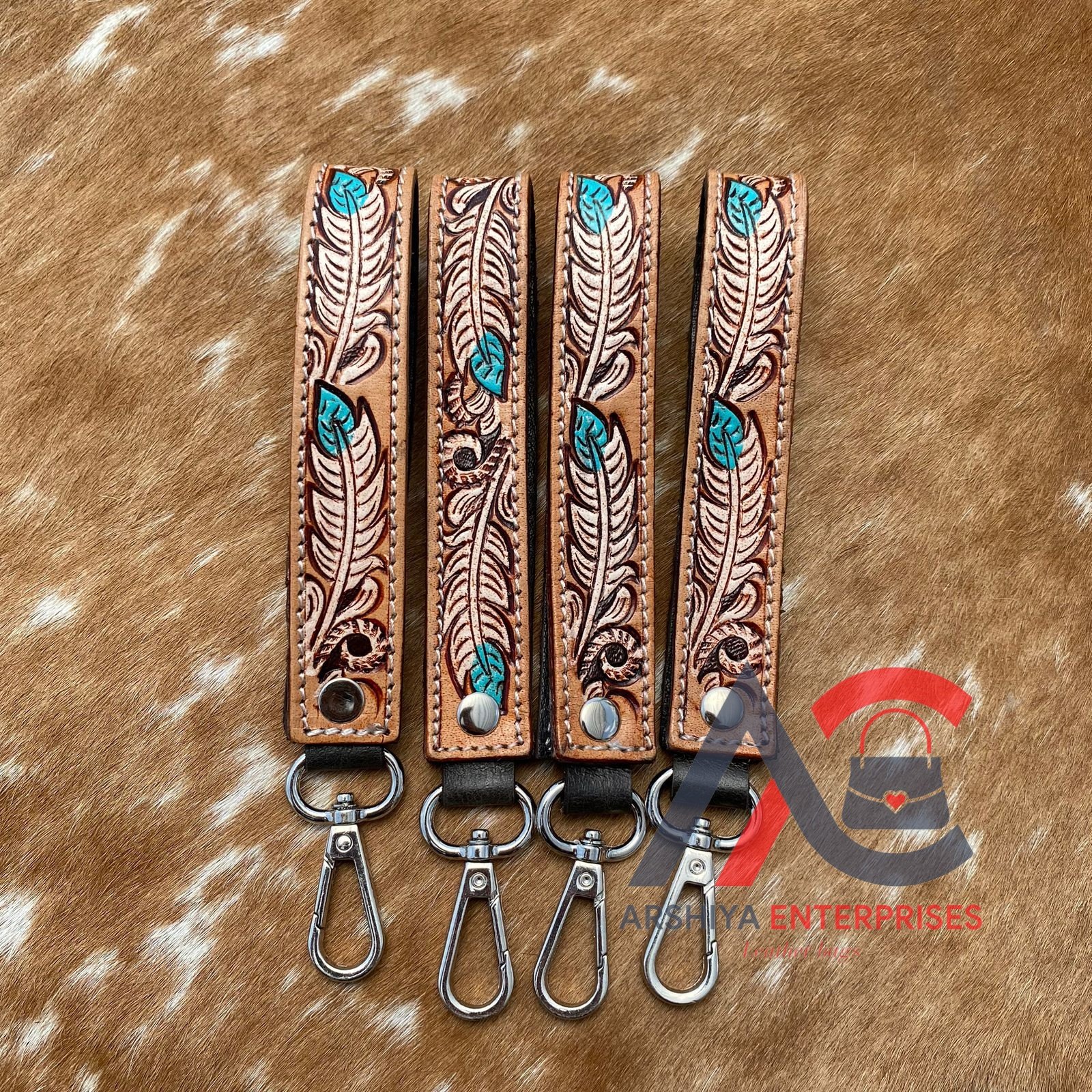 Tooled Leather Western Style Leather Keychain Cowhide Wristlet Key Fob Cowgirl Car Key Wristlet Key Strap Wrist Keychain