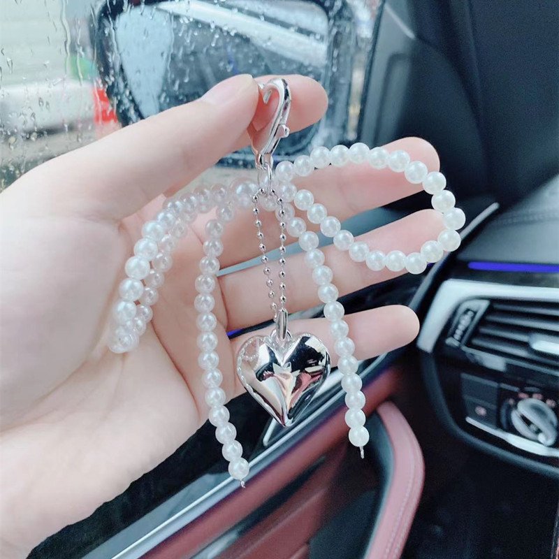 Wholesales Korean Chic New Sweet Pearl Bow Silver Love Pendant Car Keychain Airpods Pendant Phone strap