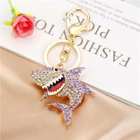 Metal keychain bling alloy crystal rhinestone shark key chains glittering Ocean Animal shark keyring bag pendant charms decorate