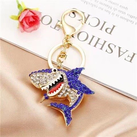 Metal keychain bling alloy crystal rhinestone shark key chains glittering Ocean Animal shark keyring bag pendant charms decorate