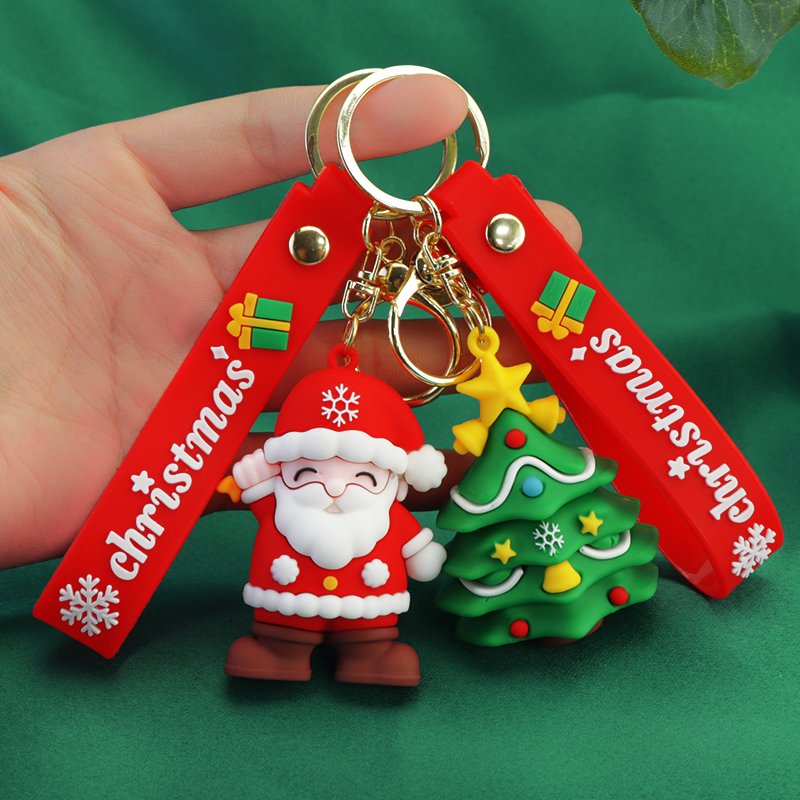 3D Christmas Keychains Gifts Cute Santa Claus Pendants Mini Anime Dolls Keyrings 3D Xmas Cartoon Rubber Key Chain Accessories