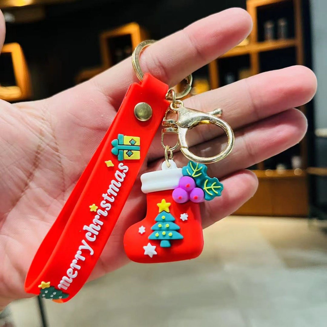 Wholesale Custom Christmas Cartoon Santa Claus Keychain Soft Rubber Doll Bag Small XMAS Promotional Gift Bag Car Pendant