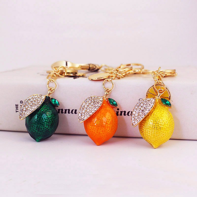 Cute Green Enamel Bling Alloy Crystal Lemon Keyrings Ladies Rhinestone Crystal Fruit Lemon Leaf Keychain For Gift