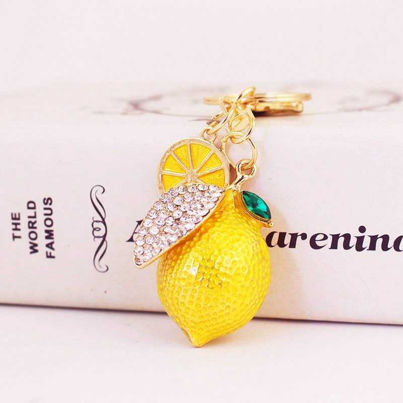Cute Green Enamel Bling Alloy Crystal Lemon Keyrings Ladies Rhinestone Crystal Fruit Lemon Leaf Keychain For Gift