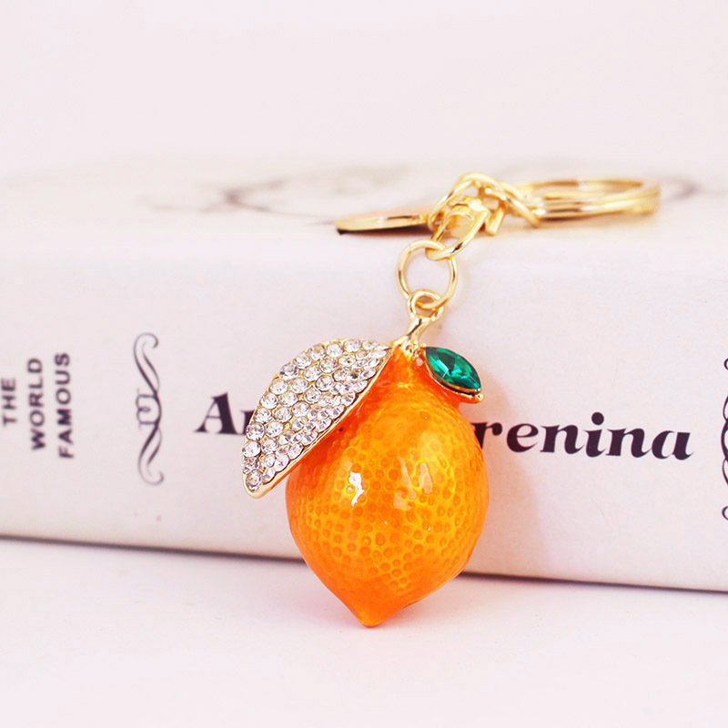 Cute Green Enamel Bling Alloy Crystal Lemon Keyrings Ladies Rhinestone Crystal Fruit Lemon Leaf Keychain For Gift