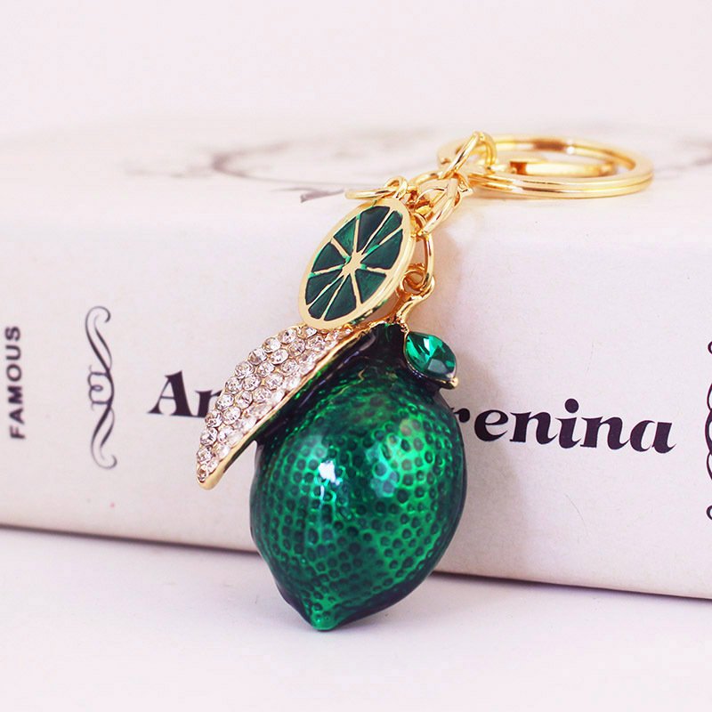 Cute Green Enamel Bling Alloy Crystal Lemon Keyrings Ladies Rhinestone Crystal Fruit Lemon Leaf Keychain For Gift