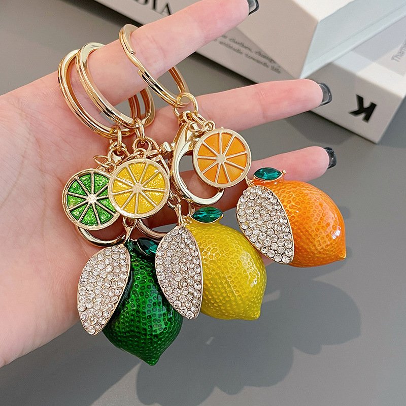 Cute Green Enamel Bling Alloy Crystal Lemon Keyrings Ladies Rhinestone Crystal Fruit Lemon Leaf Keychain For Gift