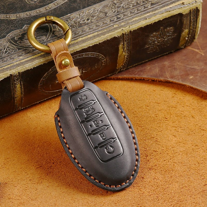 Genuine Crazy Horse Leather Car Key Case Cover for Nissan Altima Maxima Murano Smart 5 Buttons Car Key Case with Key Ring