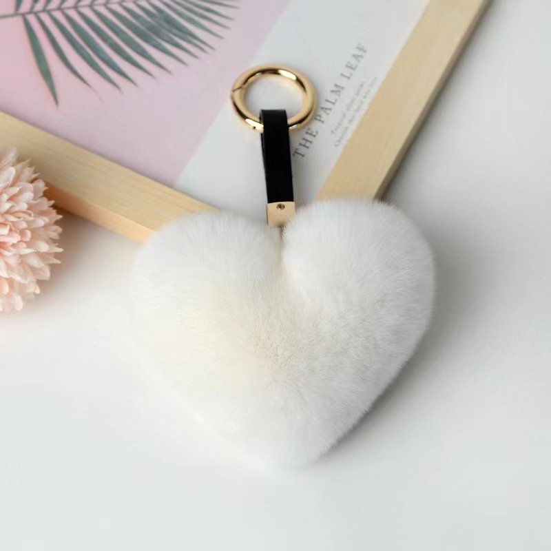 10cm Hot Fluffy Love Heart Pom Pom Keychain Women's Colored Rex Rabbit Fur Metal PU Bag Charm Key Ring Jewelry Accessories