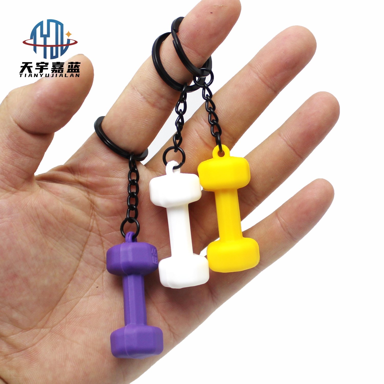 Tianyu Customized Logo Mini Gym Equipment Gym Workout Dumbbell Fitness Keychains 3D Rubber Pvc Fitness Keychain With Key Ring