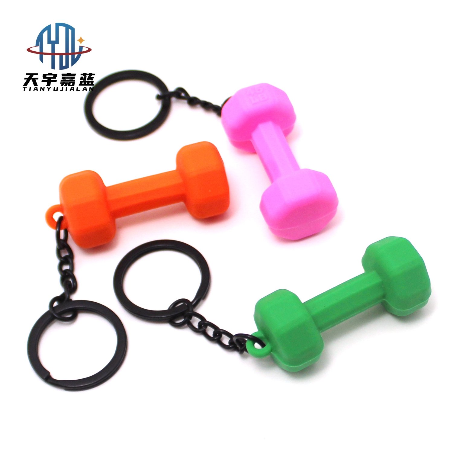 Tianyu Customized Logo Mini Gym Equipment Gym Workout Dumbbell Fitness Keychains 3D Rubber Pvc Fitness Keychain With Key Ring