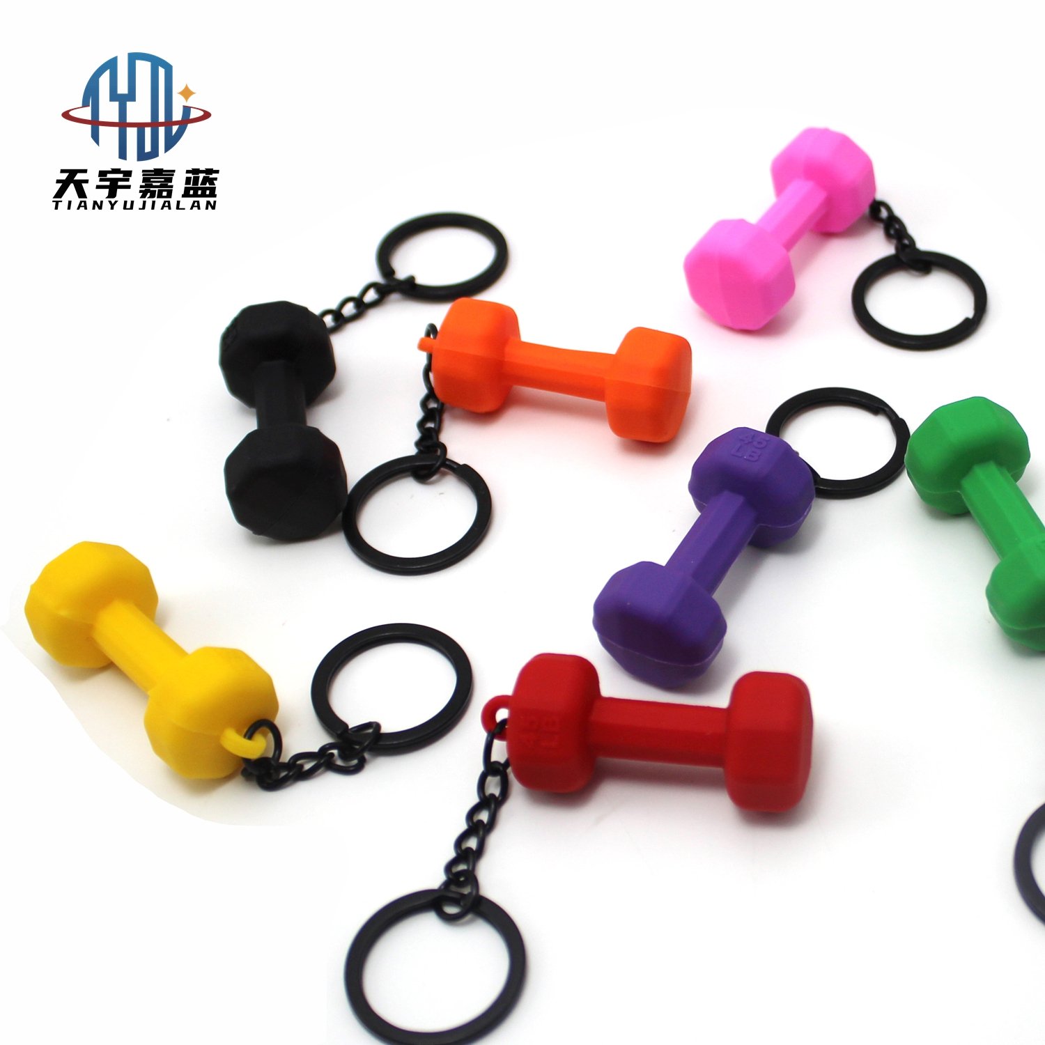 Tianyu Customized Logo Mini Gym Equipment Gym Workout Dumbbell Fitness Keychains 3D Rubber Pvc Fitness Keychain With Key Ring