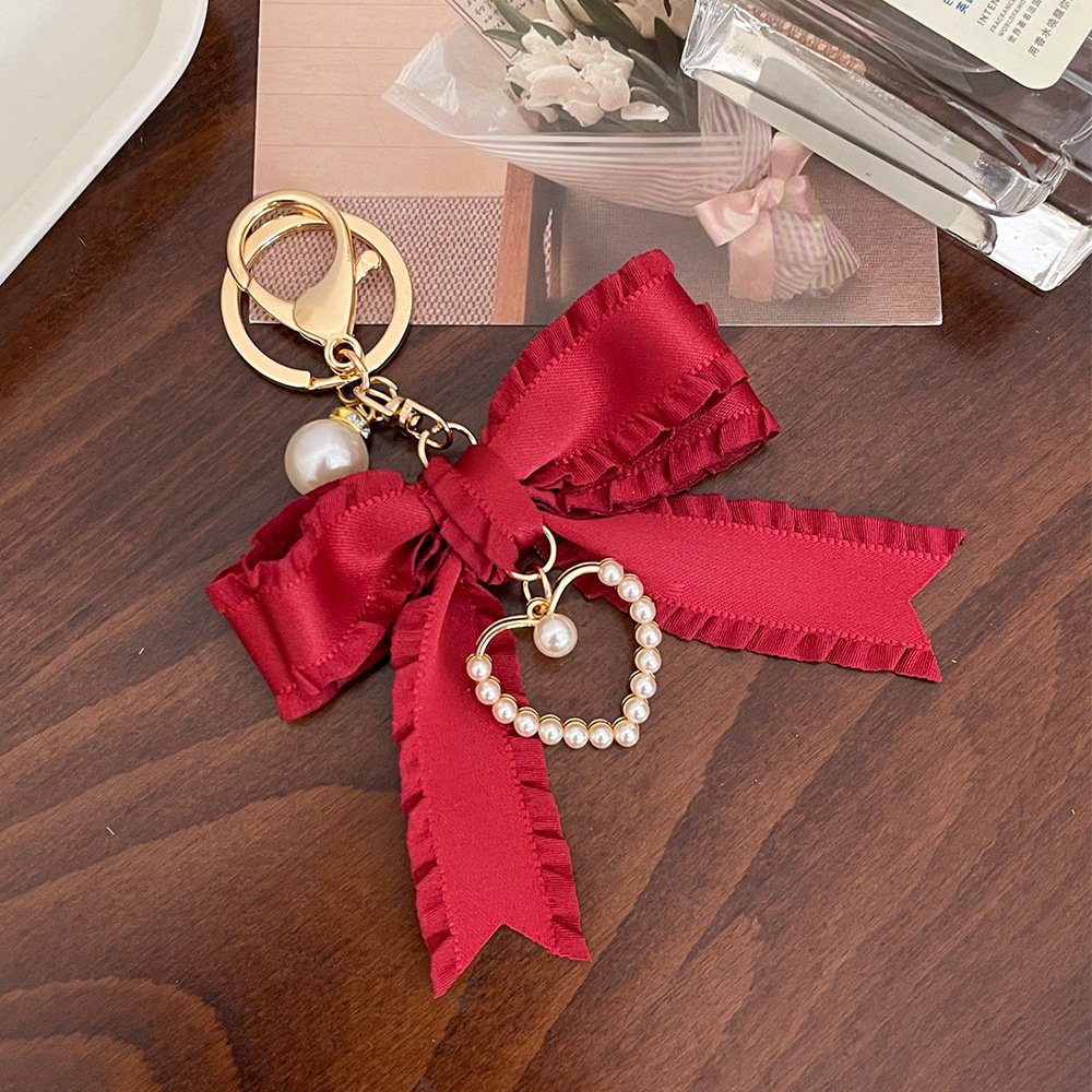 Fashion Bowknot Purse Fur Ball Car Bag Pendent Charm Pearl Keychain Girl Women Key Chains Ring Key chain For Women