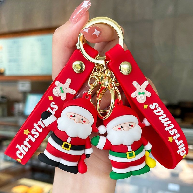 Fashion 3D Cartoon PVC Claus Christmas Tree KeyChains plastic Series Santa Bag Keychain Pendant snowman Keyring for Friend Gifts