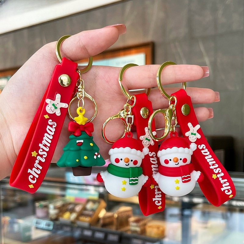 Fashion 3D Cartoon PVC Claus Christmas Tree KeyChains plastic Series Santa Bag Keychain Pendant snowman Keyring for Friend Gifts