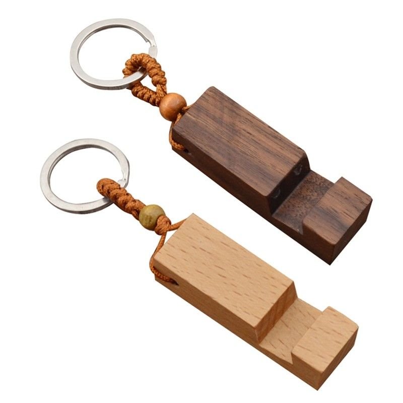 Natural Wood Phone Holder Pendant Stand Keychain Car Keyring Accessories 2 in 1Wood Keychains