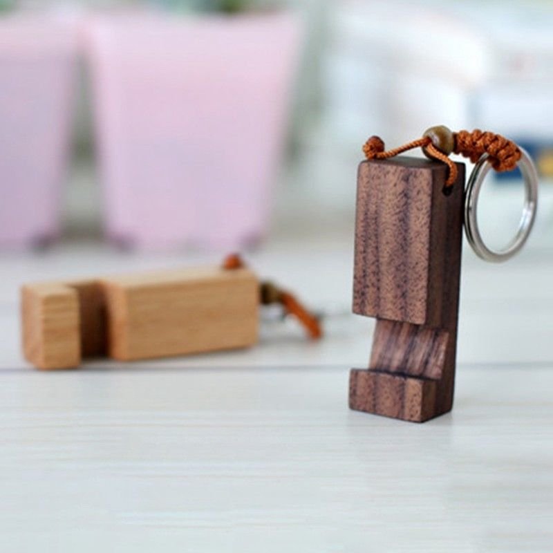 Natural Wood Phone Holder Pendant Stand Keychain Car Keyring Accessories 2 in 1Wood Keychains