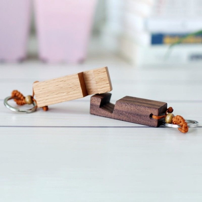 Natural Wood Phone Holder Pendant Stand Keychain Car Keyring Accessories 2 in 1Wood Keychains