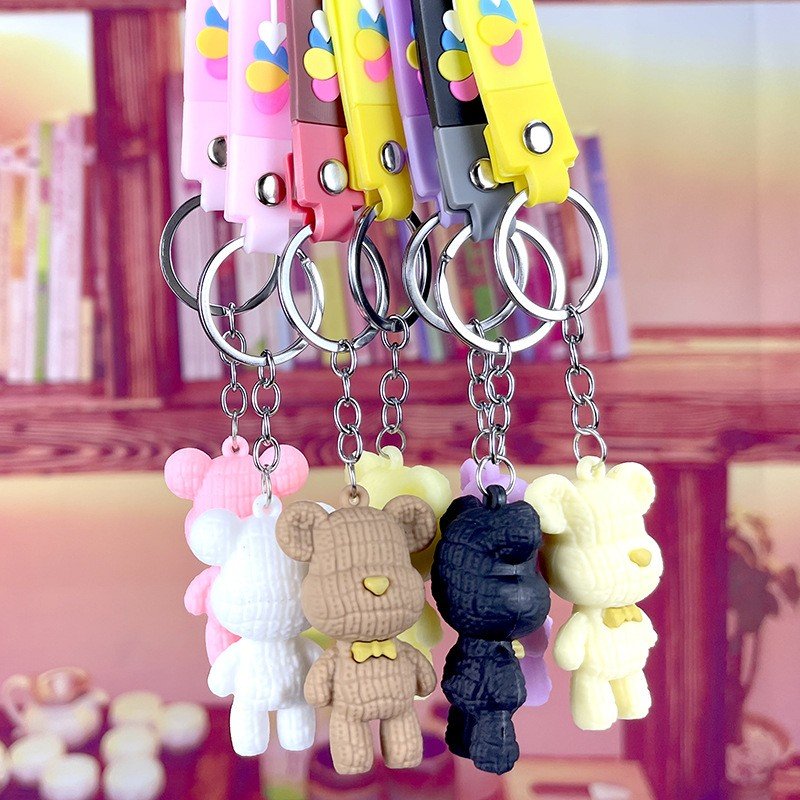 Cute Plush Bear Car Keychain Accessories Cheap Cartoon Anime 3D Soft Silicone PVC Key Ring Lanyards Rubber Key Holder