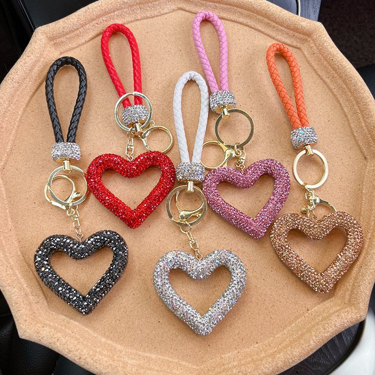 Customize Women Purse Handbag Pendant Charm Decoration Love Key Ring Glitter Crystal Bling Rhinestone Hollow Heart Keychain