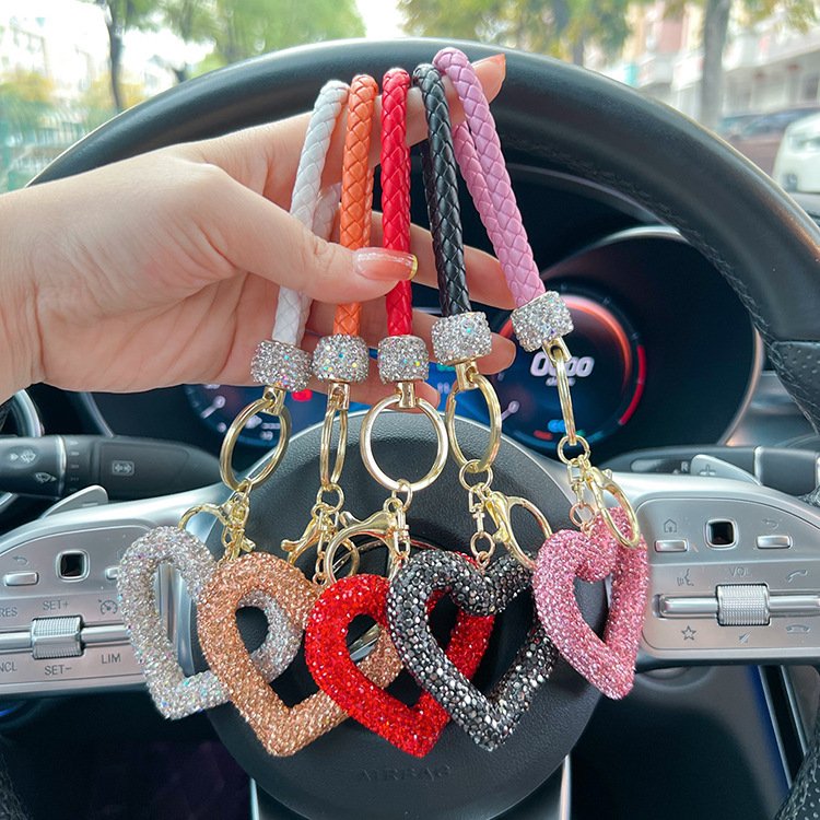 Customize Women Purse Handbag Pendant Charm Decoration Love Key Ring Glitter Crystal Bling Rhinestone Hollow Heart Keychain