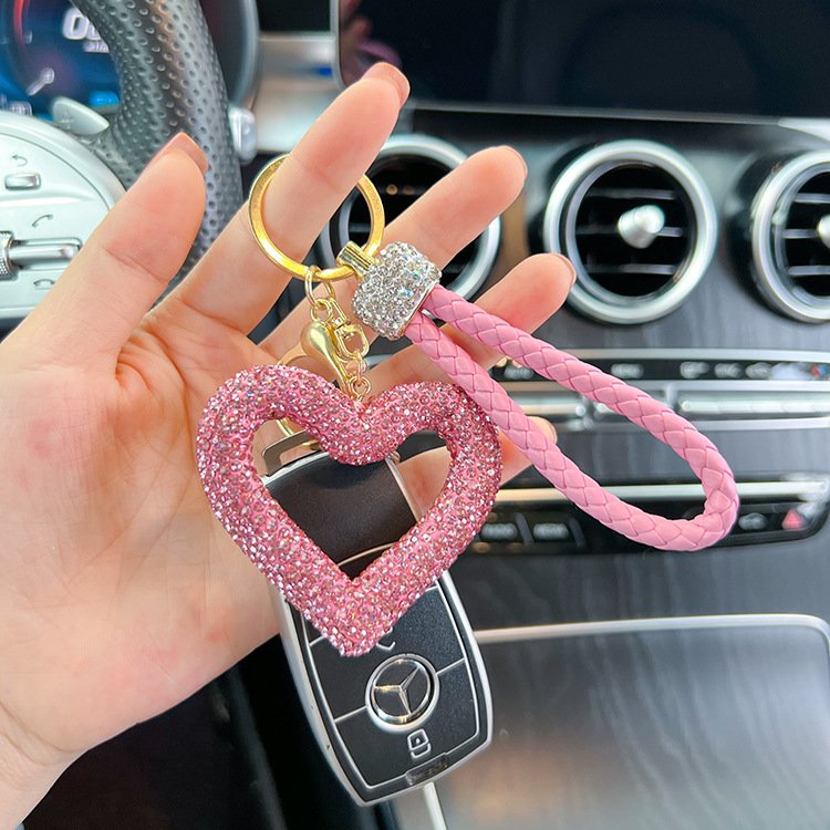 Customize Women Purse Handbag Pendant Charm Decoration Love Key Ring Glitter Crystal Bling Rhinestone Hollow Heart Keychain