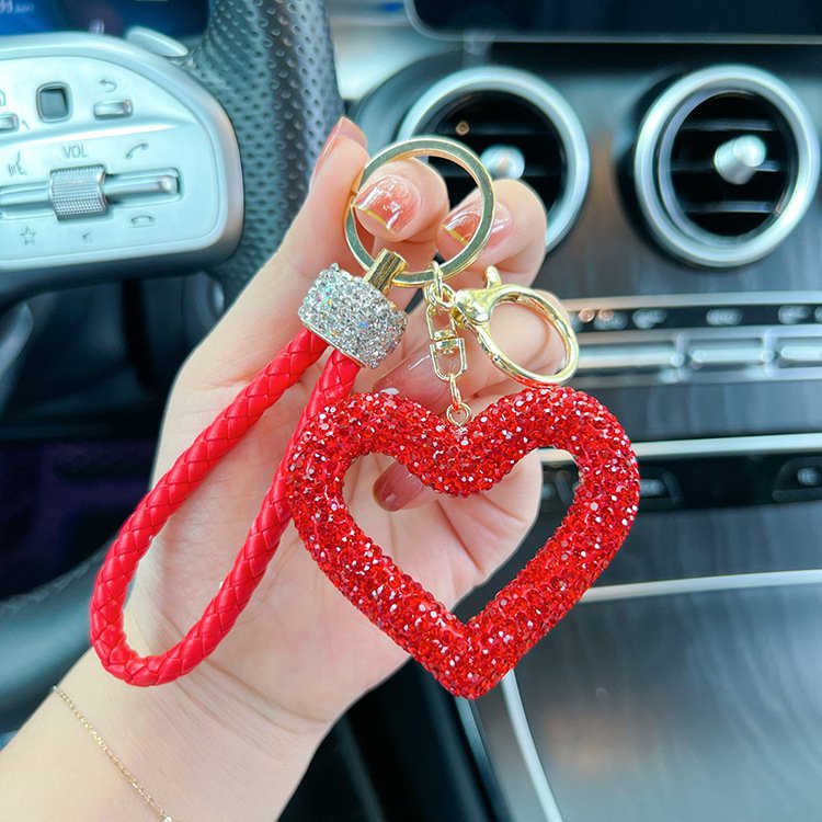 Customize Women Purse Handbag Pendant Charm Decoration Love Key Ring Glitter Crystal Bling Rhinestone Hollow Heart Keychain