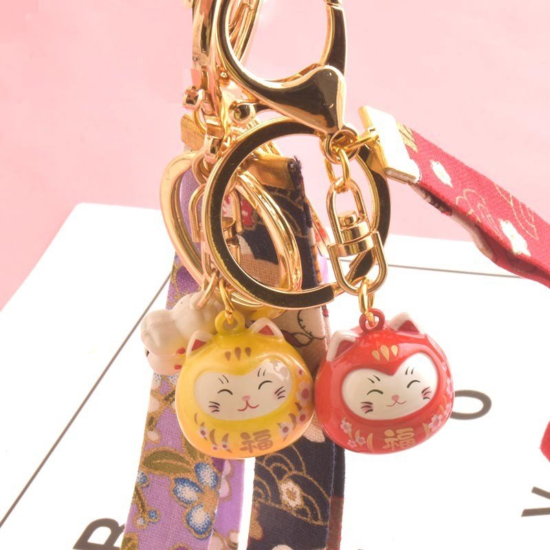 Supplier Japanese Cute Lucky Cat KeyChains Car Key Chains Water Sound Bell Pendent Charm keychain accessories with Wrist Straps