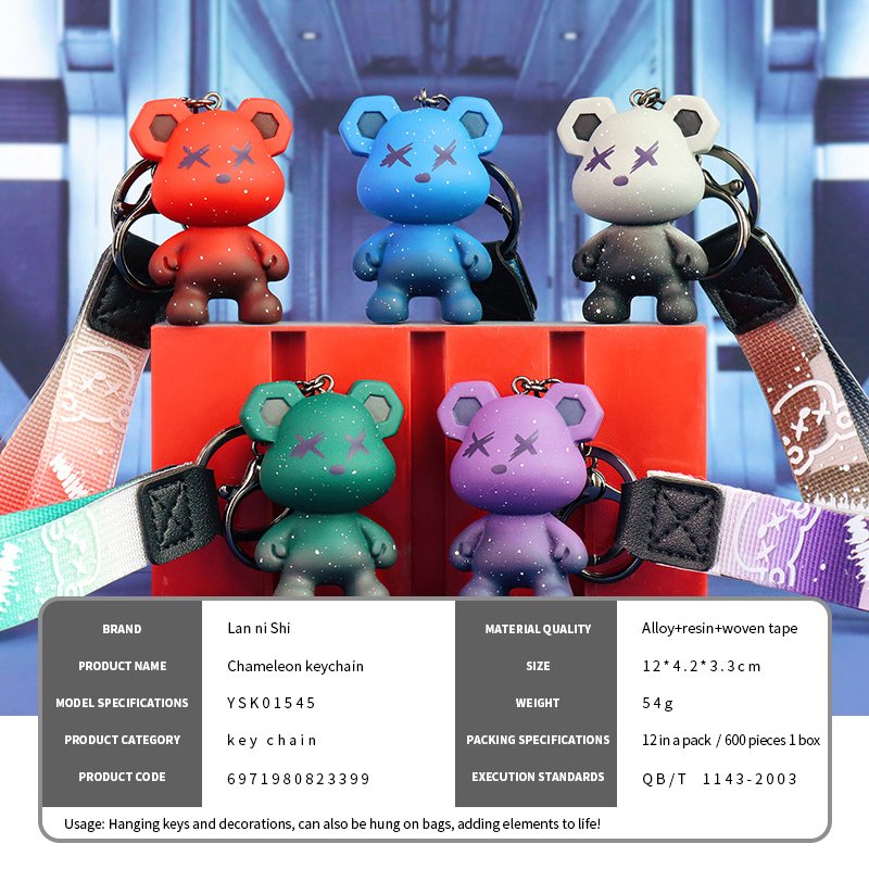 .3D Doll Ribbon Hand Rope Buckle Accessories PVC key ring Resin Chameleon Bear Keychain Pendant Factory Wholesale