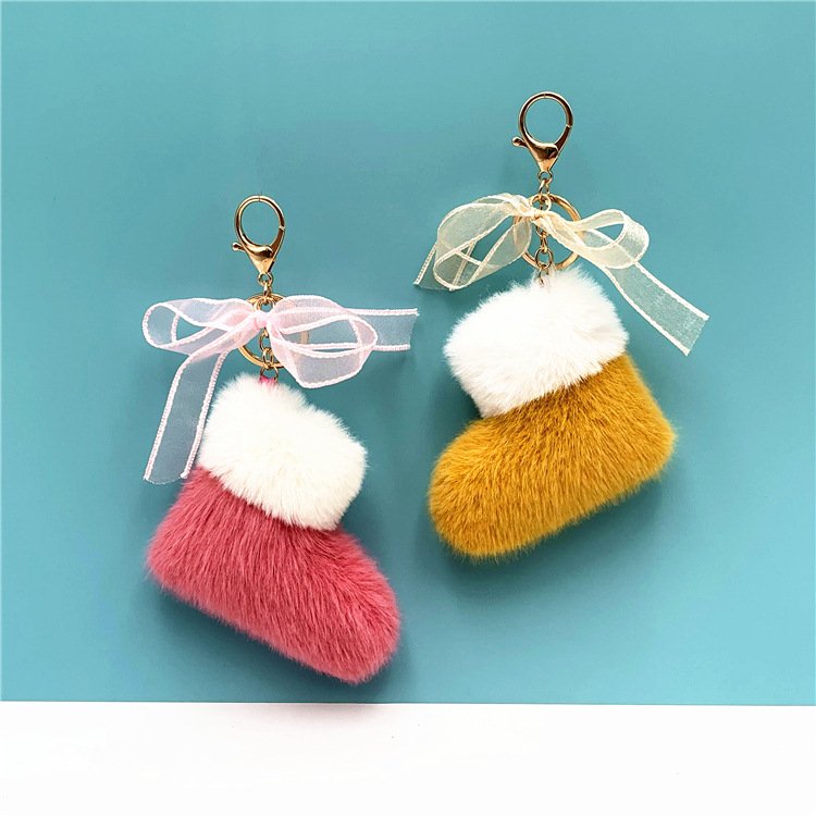 manufacturer Christmas Boots Keychain Cute Bow Bag pendant Cartoon plush car key chain ring Gift accessories