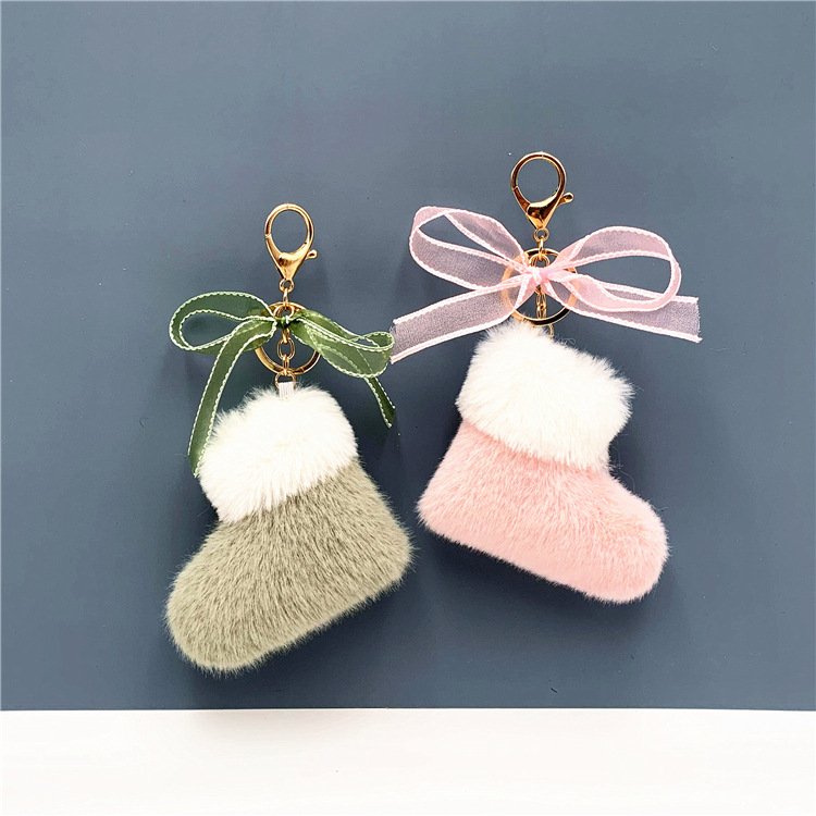 manufacturer Christmas Boots Keychain Cute Bow Bag pendant Cartoon plush car key chain ring Gift accessories