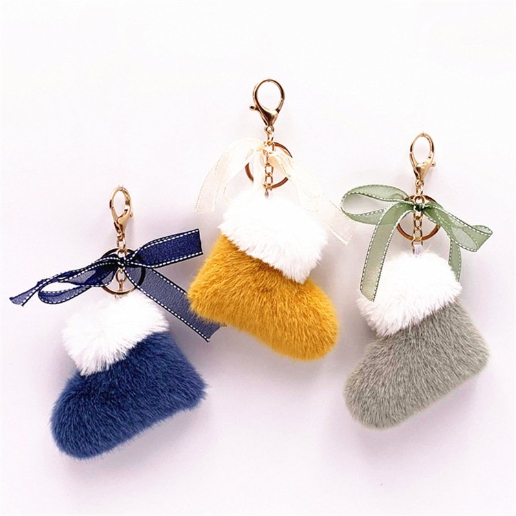 manufacturer Christmas Boots Keychain Cute Bow Bag pendant Cartoon plush car key chain ring Gift accessories