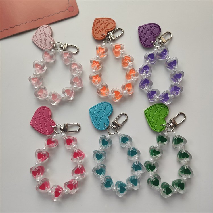 Luxury Crystal Clear 3D Cute Love Heart Acrylic Bead Bracelet Keychain Car Charm Keyrings Women Bag Pendant Jewelry Accessories