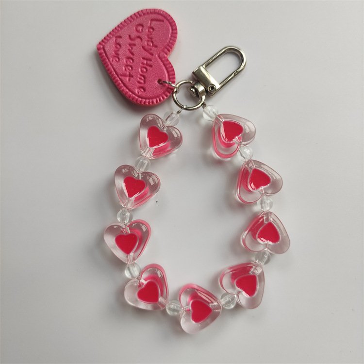 Luxury Crystal Clear 3D Cute Love Heart Acrylic Bead Bracelet Keychain Car Charm Keyrings Women Bag Pendant Jewelry Accessories