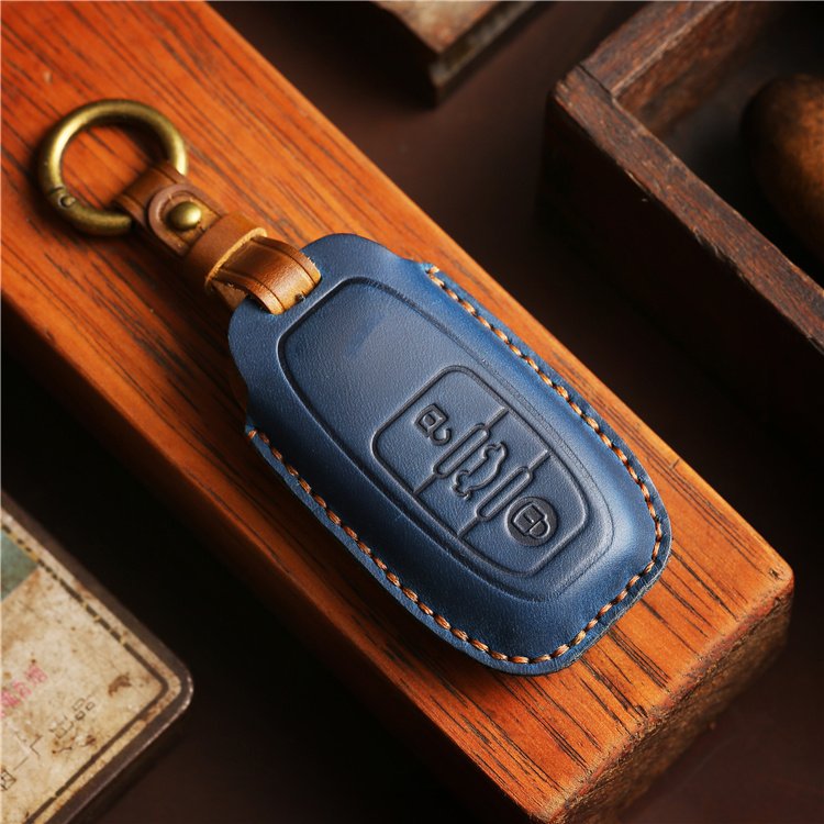 Wholesale Genuine Leather Car Key Case Cover for VW New Phideon Hand Sewing Crazy Horse Leather Key Cover With Key Chain