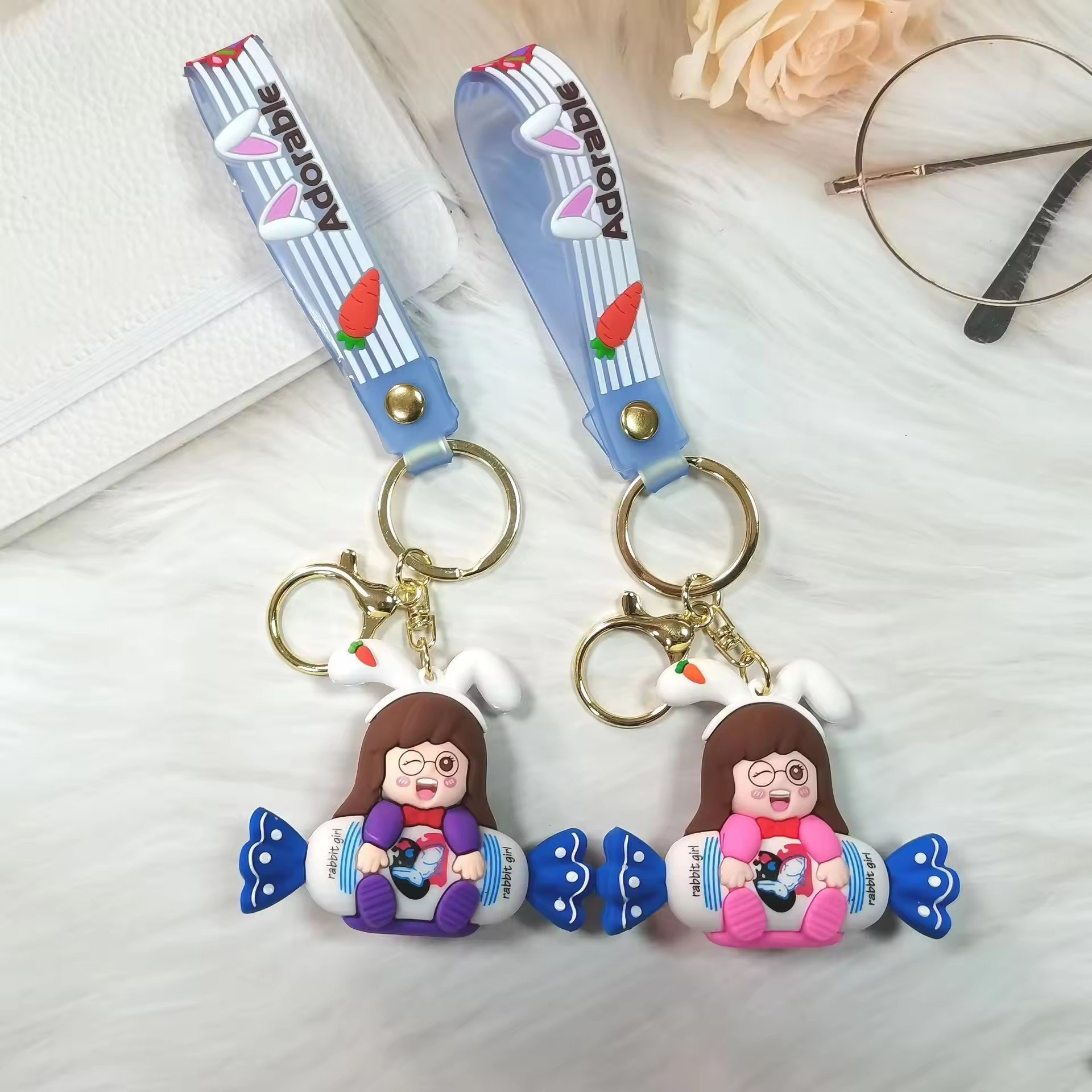 Wholesale cute rabbit girl doll key chain 3D Cartoon PVC Key candy key charm cartoon on bag keychain