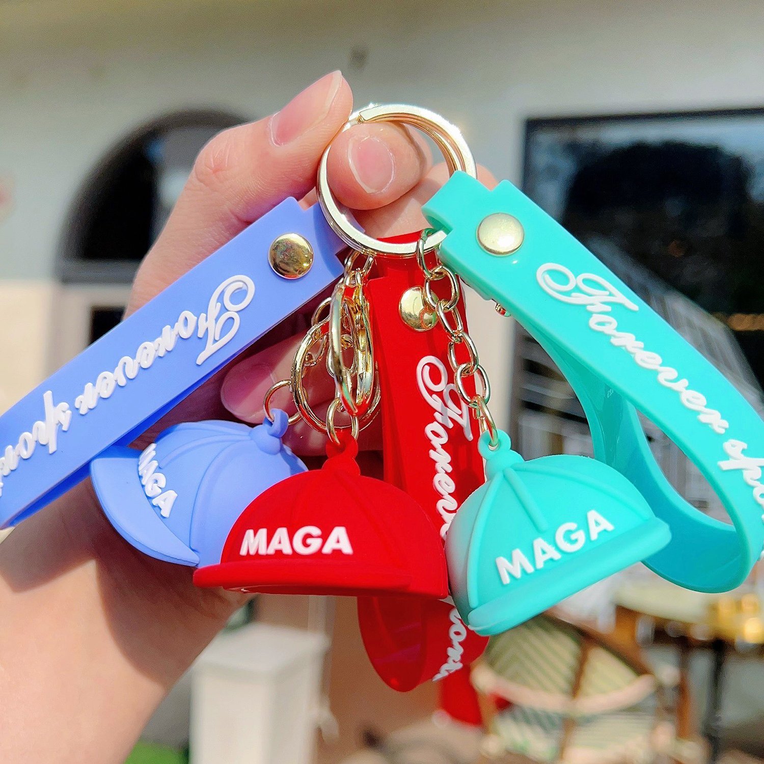 MAGA Baseball Caps Charm,Make America Great Again Keychain,Rubber Cartoon Red MAGA Car Key Accessories
