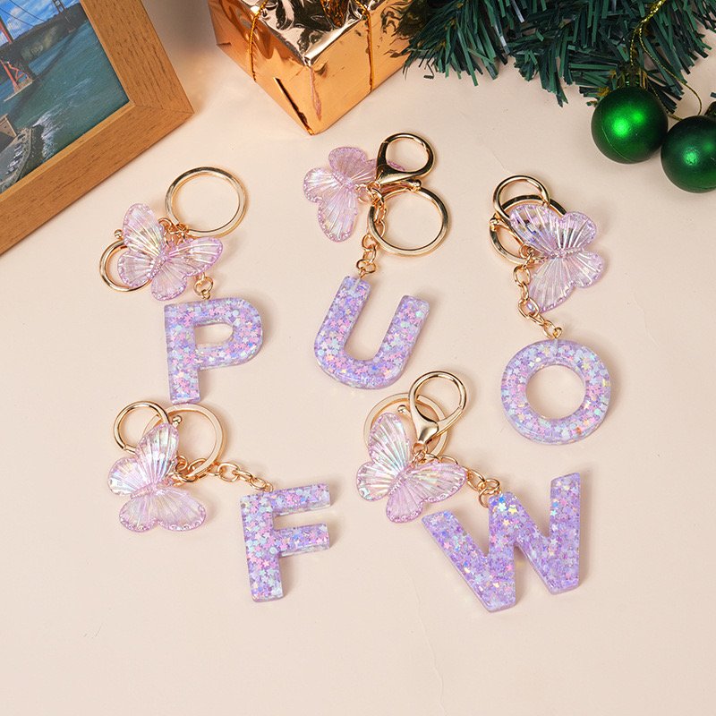 Quicksand Sequin 26 Letter Keychain Fashion Butterfly Pendant Car Key Accessories Key Chain Woman Gift Bag Decoration Keyrings