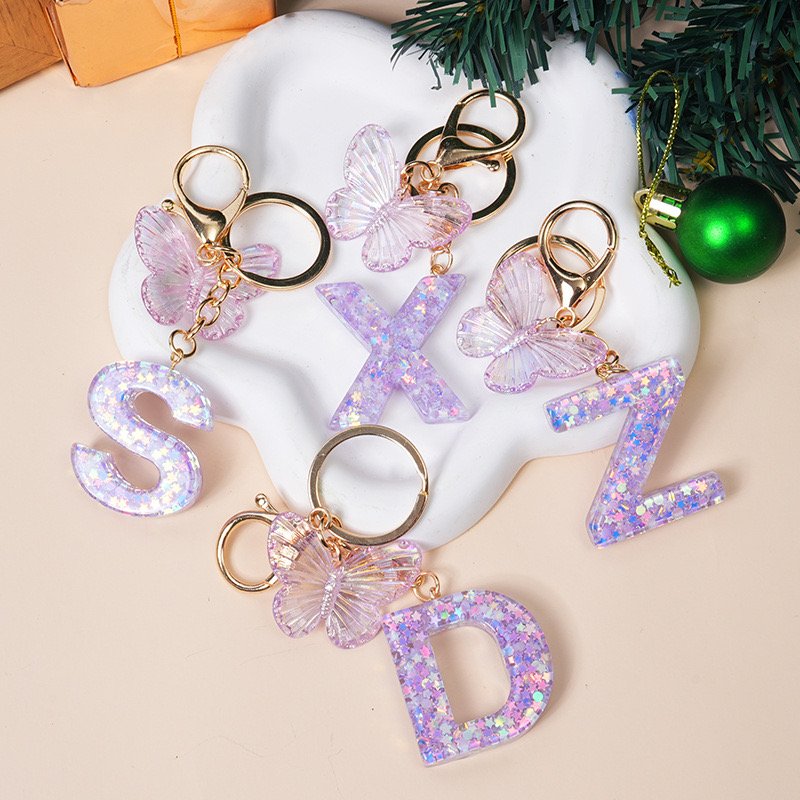 Quicksand Sequin 26 Letter Keychain Fashion Butterfly Pendant Car Key Accessories Key Chain Woman Gift Bag Decoration Keyrings